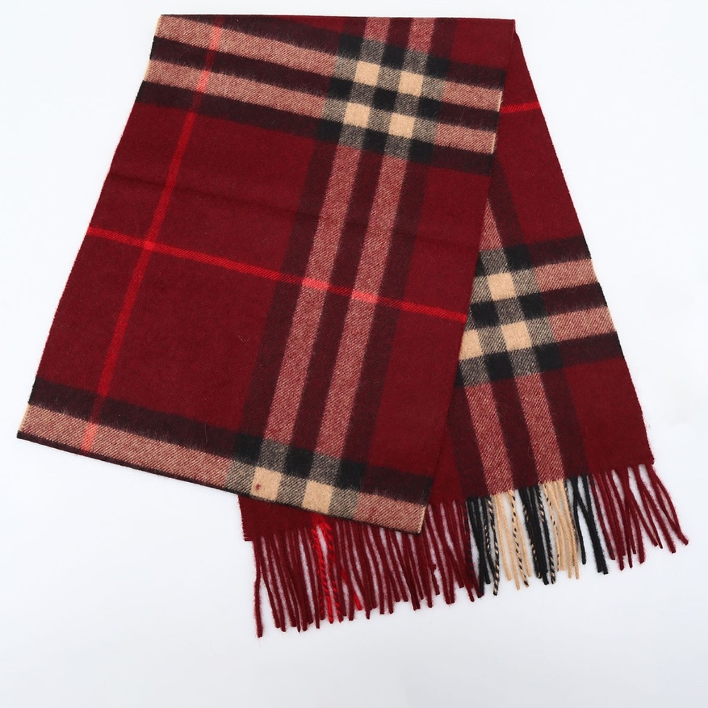 NWT BURBERRY Check Cashmere Scarf in Claret (burgundy/deep red) - Picture 6 of 7